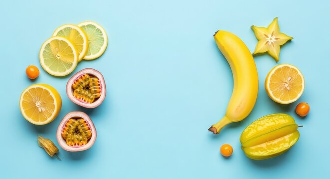 Tropical Exotic Fruit Composition with Banana Passion Fruit Starfruit and Lemon on Blue Background
