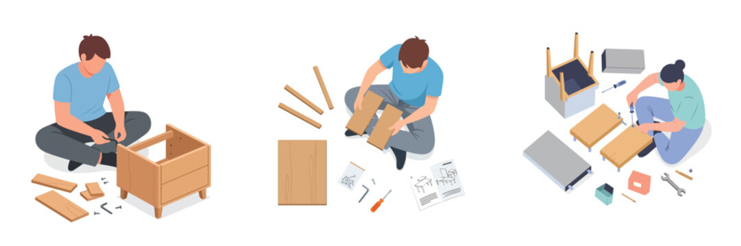 Flat vector illustration set of a person sitting on the floor assembling furniture, home improvement lifestyle activity, no outline, white background
