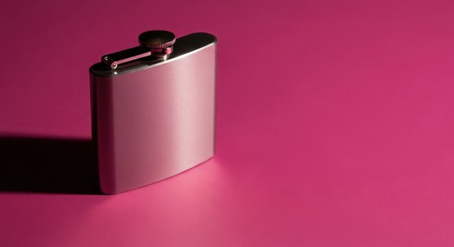 Minimalist Silver Stainless Steel Hip Flask on Vibrant Pink Background

