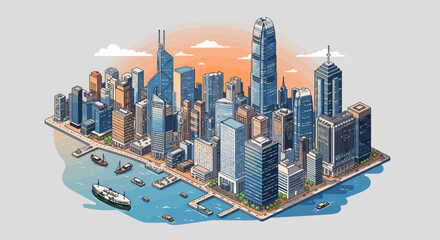 Fototapeta premium Vibrant Isometric Urban Landscape Detailed Architectural Illustration of a Modern Metropolis Skyline with Harbor and Busy Waterfront, Emphasizing Dynamic City Life and Contemporary Development