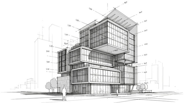 Detailed architectural sketch illustrating a visionary contemporary building design, an innovative urban concept blending modern aesthetics and structural complexity
