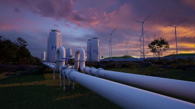 Hydrogen Fuel Production Plant With Pipelines And Wind Turbines At Sunset