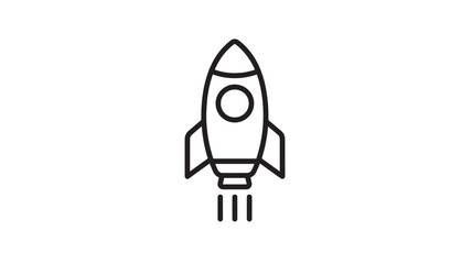 Rocket icon with a circular window and tail fins, launching with exhaust fumes depicted as three vertical lines on a white background. © skakter24