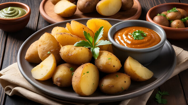 Canarian potatoes (papas arrugadas) with mojo sauce on wooden table
