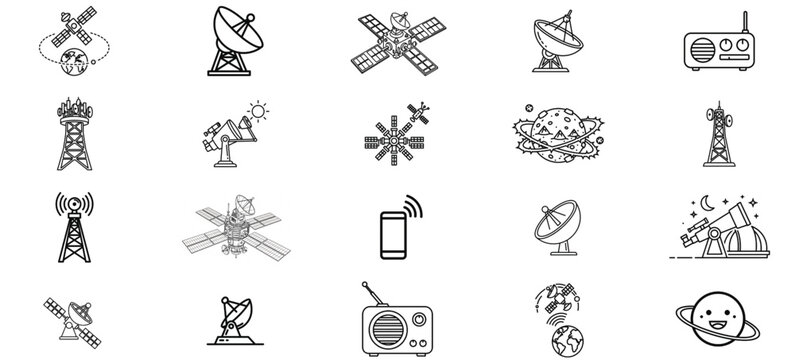 Collection of 20 small black and white icons or symbols