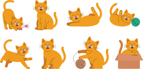 Fototapeta premium Cute orange kitten character set with various poses playing with ball yarn and box in kawaii cartoon flat vector style.