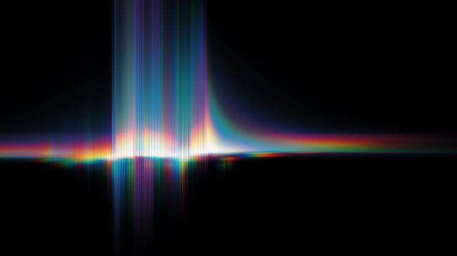 Abstract animation dark background refraction effect loop looping render gradient futuristic iridescent shape form glowing vertical streaks and curved horizon create mesmerizing hypnotic looping