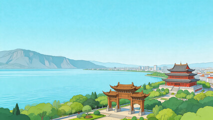 Obraz premium Traditional Chinese Arch and Pavilion by Lake
