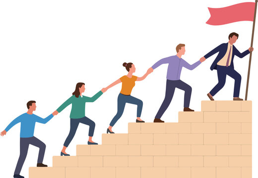 Business team helping each other climb stone stairs toward success with leader holding flag flat vector illustration.