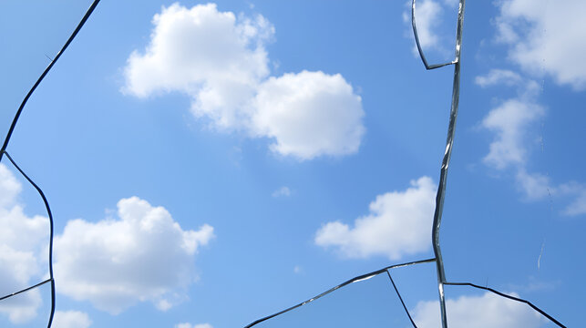 A shattered glass pane reveals a vivid blue sky with puffy clouds
