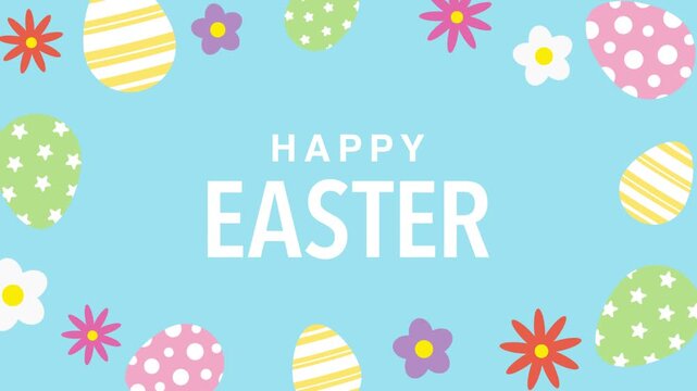 Happy Easter greeting card with colorful eggs and flowers frame on light blue background.