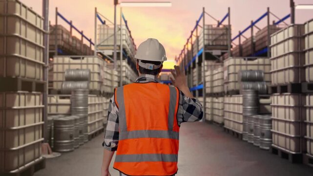 Back of Asian Male Engineer Waving Hand Saying Bye While Walking at Warehouse with Stacked Chemical IBC Containers and Barrels at Sunset