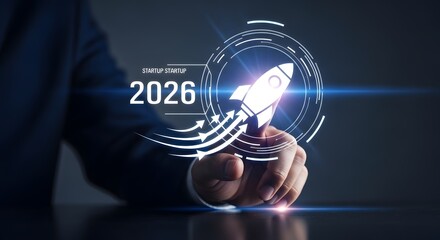 Fototapeta premium Businessman Hand Touching Futuristic 2026 Finance and Technology Growth Interface, Digital Analytics Concept