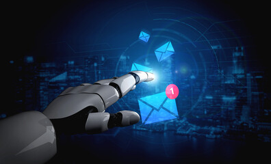 A robotic hand interacts with holographic emails, symbolizing the intersection of artificial...