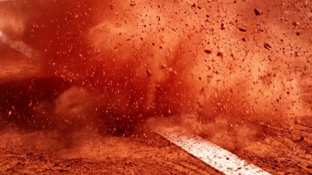 In an exciting match, a bright yellow tennis ball hits the orange clay court, sending up dust as players demonstrate their agility and skill against a vibrant spring backdrop.