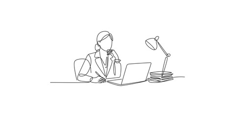 Fototapeta premium Woman sitting at desk working on laptop with thoughtful expression and office lamp