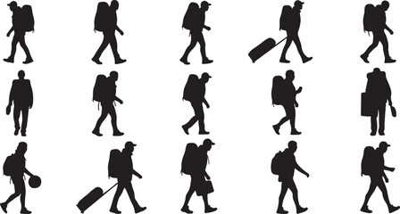 Fototapeta premium Silhouettes of people walking with luggage in various poses