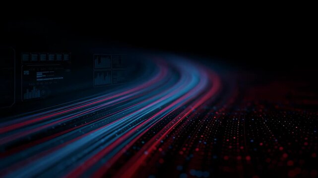 Neural network big data flow visualization binary code matrix machine learning abstract background quantum computing cyber streaming light path across digital landscape showing data movement evoke