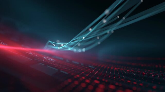 Neural network big data flow visualization binary code matrix machine learning abstract background quantum computing cyber glowing circuit landscape where binary code and matrix patterns form glowing