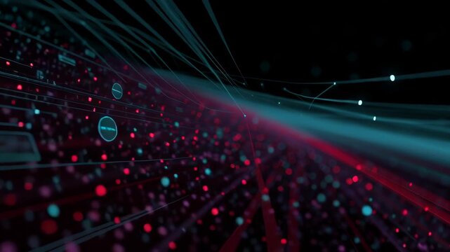 Neural network big data flow visualization binary code matrix machine learning abstract background quantum computing cyber vibrant stream of glowing particles and lines forming dynamic data matrix