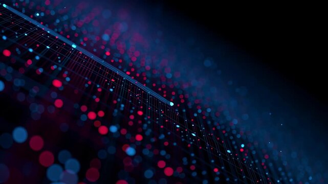 Neural network big data flow visualization binary code matrix machine learning abstract background quantum computing cyber luminous grid of particles creating dynamic futuristic data landscape
