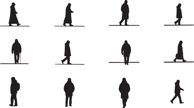 Silhouettes of people walking in various poses and directions