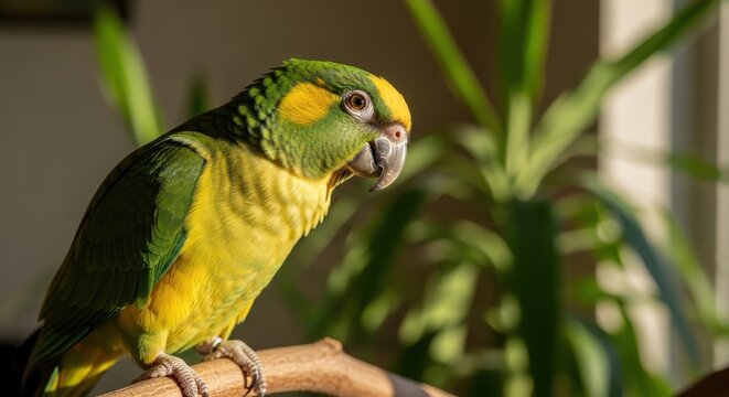 A vibrant Senegal parrot with a bright yellow breast and striking green plumage rests on a branch, detailed profile with soft natural lighting.