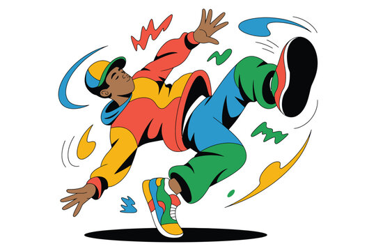 Breakdancer performing dynamic acrobatic move midair with colorful abstract shapes indicating motion