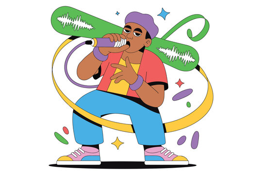 Energetic rapper performing with microphone, surrounded by sound waves, stars, and abstract shapes, vibrant musical performance