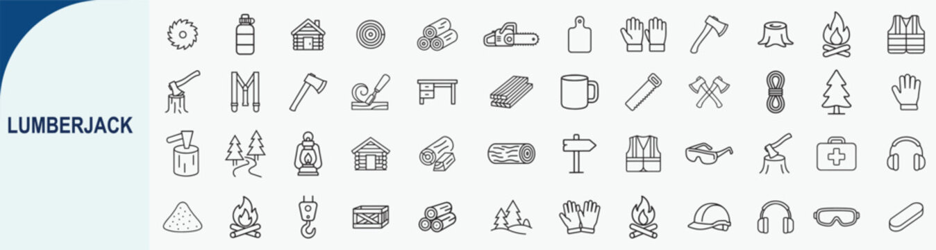 Lumberjack and Woodwork Line Icon Set for Forestry Industry
