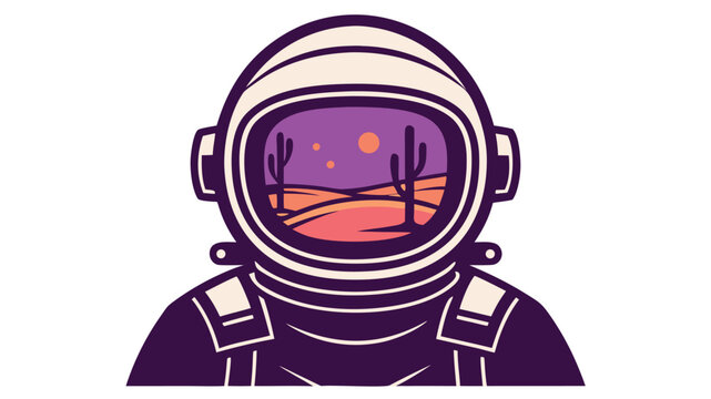 Astronaut helmet reflecting a desert landscape with cactus under a colorful starry sky, vector graphic, outer space