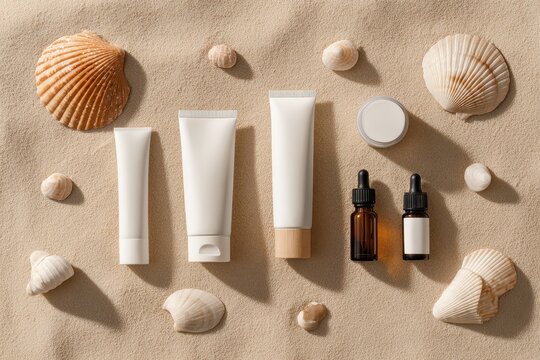 Beach-inspired flat lay: travel-size skincare packaging and sample bottles on neutral sand with shells