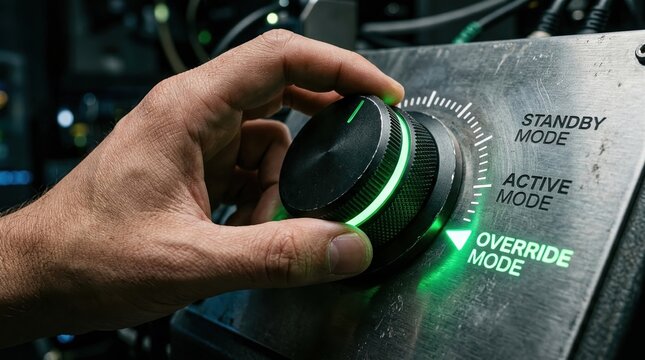control knob, cybernetic interface, override mode, industrial panel, hand turning knob, green glow, futuristic technology being manually adjusted for critical system operation.