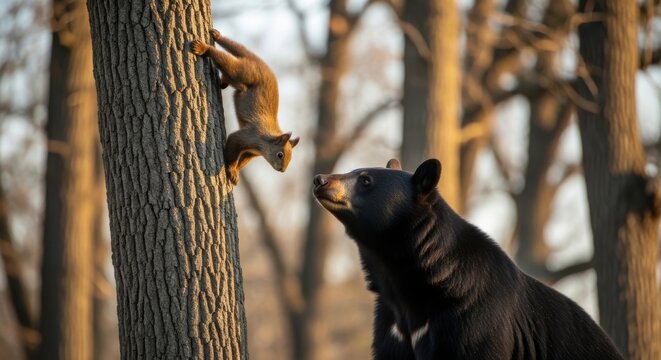 Black bear watches a squirrel climb a tree in a sunlit forest setting