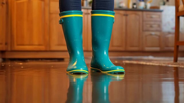 Person wearing green rain boots in flooded kitchen