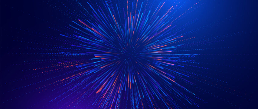 Fast Moving Particles Abstract Ray Burst Design.  Striking Digital Background for Scientific or Tech Presentations. Colorful Explosive Radial Pattern. Vector Illustration.