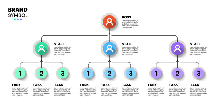 Infographic template. Business hierarchy with 2 levels and tasks