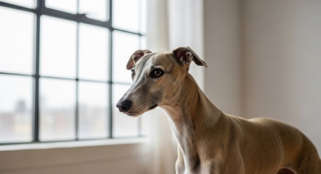 Elegant Whippet dog with soulful eyes posing indoors near a window with soft natural light