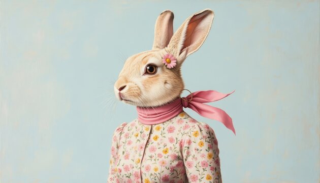 A rabbit stands upright, wearing a floral dress and a pink scarf. The rabbit's expression is calm and features a small flower, creating a whimsical atmosphere.