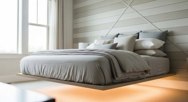 Modern bedroom featuring a floating platform bed with subtle under-lighting, creating a serene and elegant interior design.