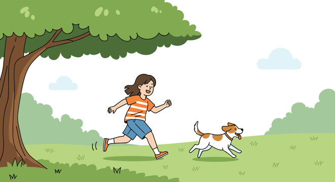 Happy young girl running playfully on a green grass field in a park with her pet beagle dog on a sunny day under a tree.