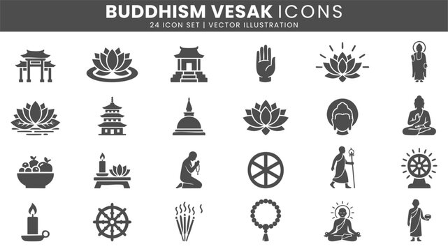 Buddhism Vesak spiritual celebration icons vector set