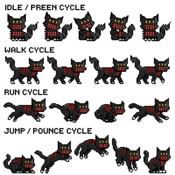 This illustration includes complete animation cycles such as idle/sit, running loop, and jump/pounce sequences, this asset is perfect for 2D games, indie game development, mobile apps, and retro-style