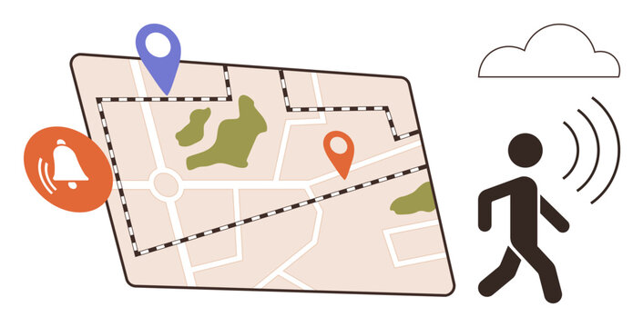 Location tracking, navigation, geofencing, travel alerts, walking directions, route planning. Map with pins and notification bell, walking icon with signals. Navigation and location tracking