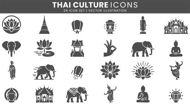 Thai culture festival and buddhist icons vector set