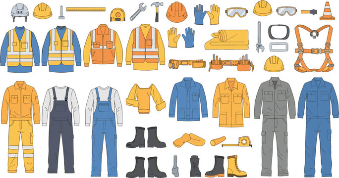 Construction Worker Safety Uniform Vector Set Featuring High Visibility Vests Safety Harness Overalls Hard Hats Boots Protective Gear and Professional Engineering Workwear Isolated on White Background