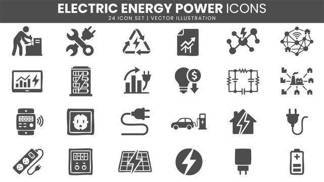 Electric energy power technology icons vector set