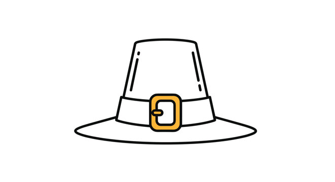 Simple black and white line art illustration of a traditional pilgrim hat featuring a wide brim and a gold buckle.