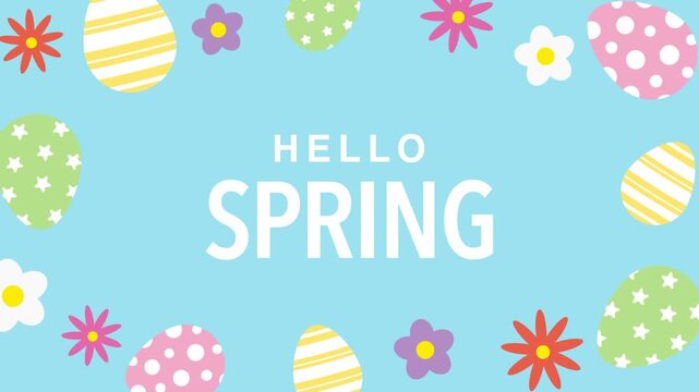 Hello Spring greeting card with colorful Easter eggs and flowers frame on light blue background.