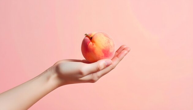 Hand holding a ripe peach with a soft pink background for a fresh fruit concept